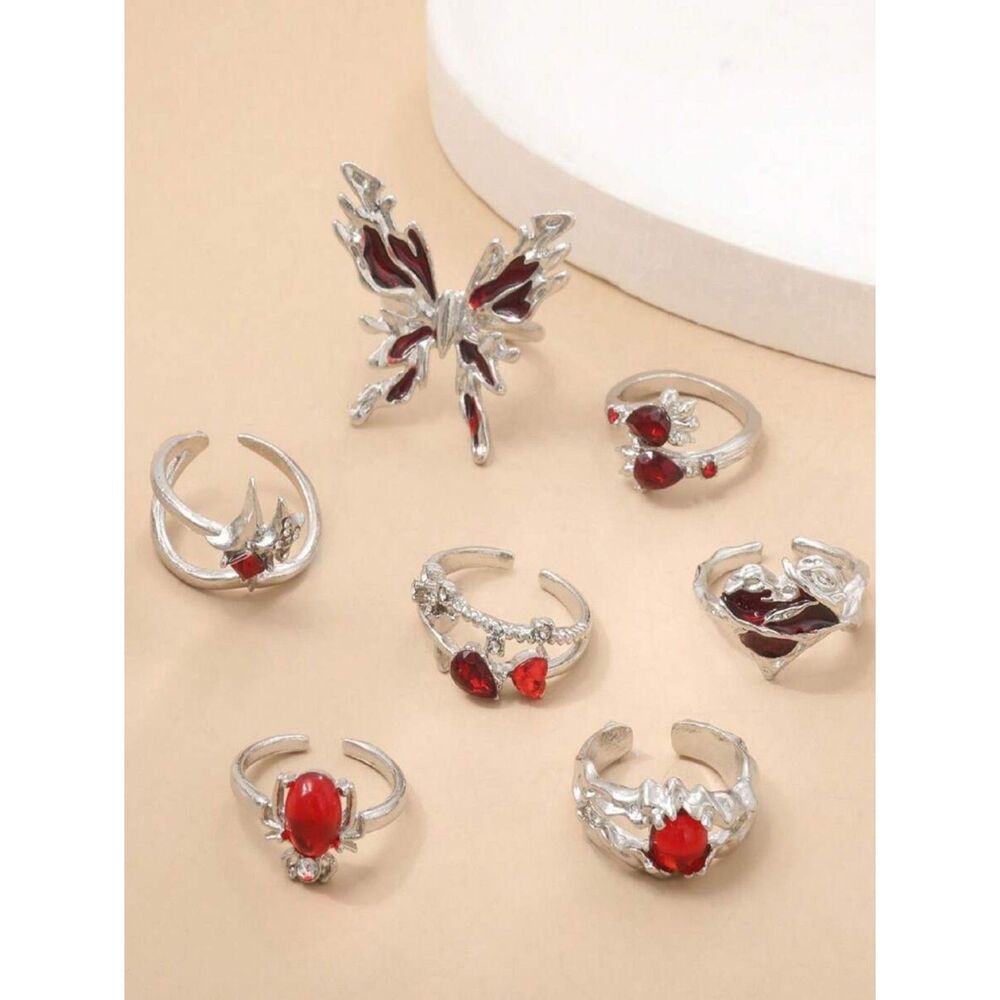 9X Gothic Emo Punk Rave Alternative Red Gem Silver Ring Set – Adjustable Rings